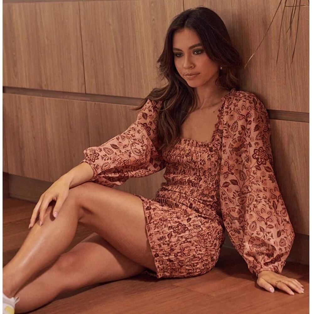 Free People Smock It To Me Mini Dress in Apricot Combo Size Small Boho Cottage